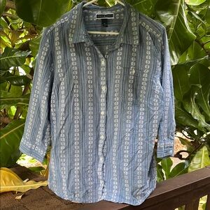Karen Scott Blue and White Casual Button Down Shirt Cotton Knit
